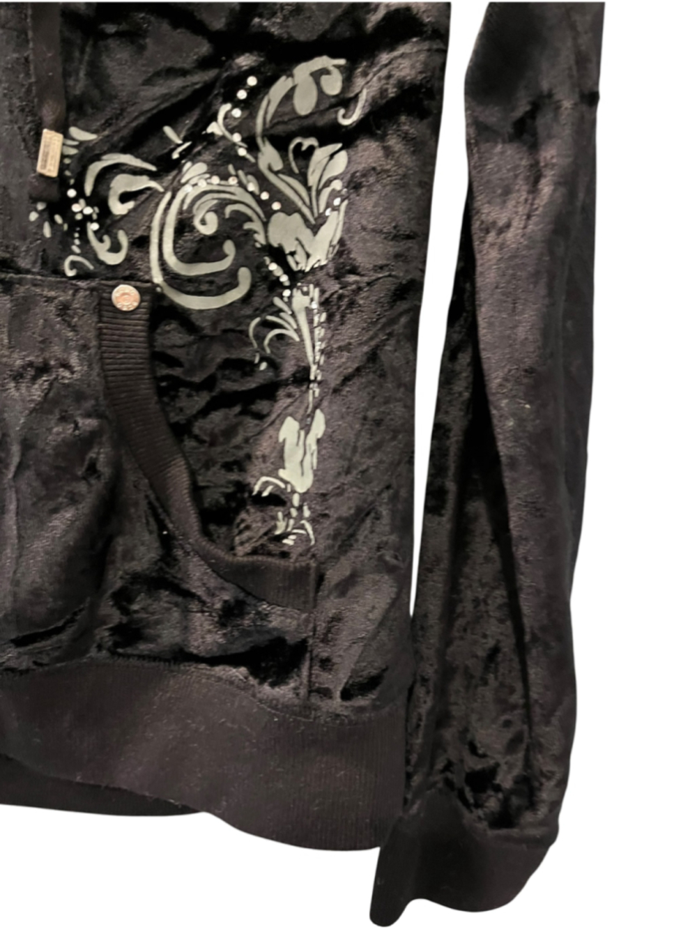 Vtg Y2K BCBG Max Azria Black Velour Rhinestone Hoodie Gothic Fairy McBling Large - Picture 5 of 10
